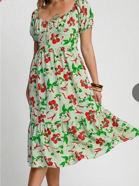 Umgee Green Midi Dress with Red Cherry & Leaf Print